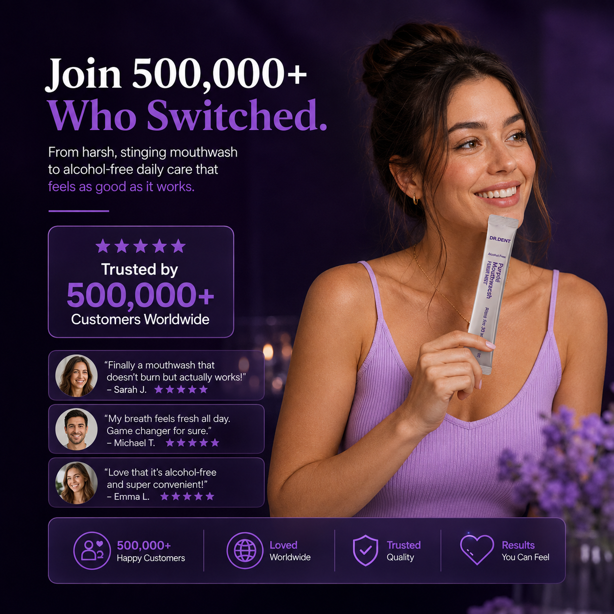 DR.DENT Purple Mouthwash — before and after results, female